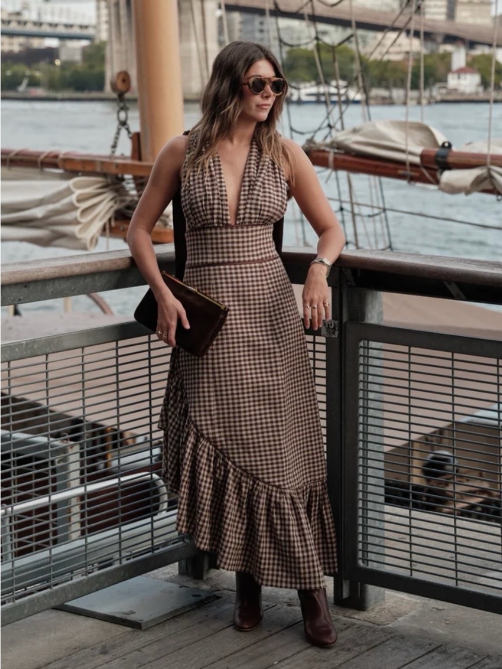 Couple Gwendolyn Asymmetrical Gingham Dress - Brown - Picture 2 of 10